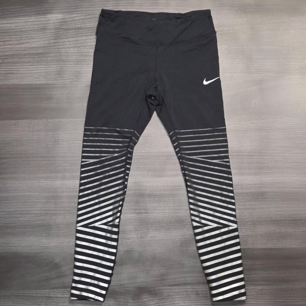 Nike Running Epic Lux Striped Dri Fit Leggings Sport Pants Black Silver Size M